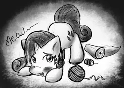 Size: 997x704 | Tagged: safe, artist:zutcha, derpibooru import, rarity, pony, unicorn, behaving like a cat, blushing, female, image, jpeg, meow, monochrome, raricat, solo, yarn