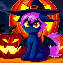 Size: 2048x2048 | Tagged: safe, derpibooru import, machine learning generated, purplesmart.ai, stable diffusion, oc, bat pony, fangs, female, halloween, hat, holiday, image, night, png, pumpkin, sitting, solo, witch hat