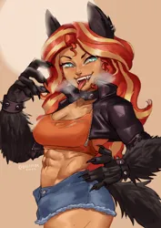 Size: 1754x2480 | Tagged: safe, artist:nire, derpibooru import, sunset shimmer, werewolf, equestria girls, abs, bracelet, breasts, busty sunset shimmer, claws, cleavage, clothes, collar, denim, denim shorts, ear piercing, earring, ears, fangs, freckles, image, jacket, jewelry, looking at you, midriff, muscles, piercing, png, scar, shorts, smiling, smiling at you, spiked collar, spiked wristband, tail, tanktop, tongue out, transformation, wristband