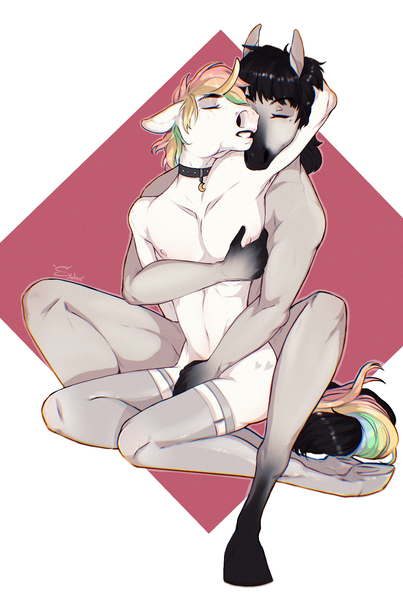 Size: 1290x1920 | Tagged: questionable, artist:eydanpark, derpibooru import, oc, anthro, horse, unicorn, barely pony related, black hair, clothes, collar, commission, couple, duo, duo male, furry, hoers, hug, image, love, male, multicolored hair, png, rainbow hair, socks, stockings, thigh highs