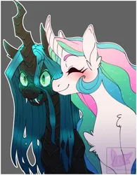 Size: 996x1280 | Tagged: safe, artist:pornypastel, derpibooru import, princess celestia, queen chrysalis, alicorn, changeling, changeling queen, pony, blushing, chryslestia, eyelashes, eyes closed, fangs, female, horn, image, jpeg, lesbian, mare, open mouth, shipping