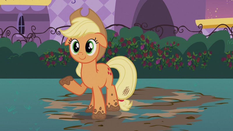 Size: 1920x1080 | Tagged: safe, derpibooru import, screencap, applejack, earth pony, pony, season 2, sweet and elite, 1080p, applejack's hat, cowboy hat, cute, female, floppy ears, happy, hat, image, jackabetes, jpeg, looking at you, mare, mud, muddy, smiling, solo