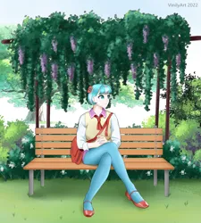Size: 1616x1794 | Tagged: safe, artist:vinilyart, derpibooru import, coco pommel, human, equestria girls, bench, clothes, equestria girls-ified, flower, grass, image, looking at each other, looking at someone, png, shoes, sitting, socks, solo, stockings, thigh highs