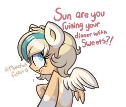 Size: 2288x1942 | Tagged: safe, artist:starlightlore, derpibooru import, oc, oc:sun light, unofficial characters only, pegasus, pony, dialogue, eating, female, image, pegasus oc, png, simple background, transparent background, wings