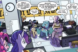 Size: 1126x750 | Tagged: safe, artist:tonyfleecs, derpibooru import, idw, nosey news, pinkie pie, rarity, trenderhoof, unnamed character, unnamed pony, earth pony, pony, unicorn, from the shadows, spoiler:comic, dialogue, female, g4, group, image, jpeg, male, mare, office, quill (character), scoop (character), speech bubble, stallion