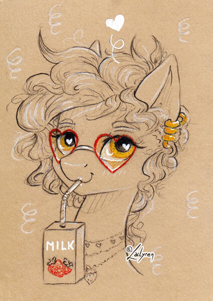 Size: 1024x1444 | Tagged: safe, artist:lailyren, derpibooru import, oc, oc:curly fries, unofficial characters only, pony, bendy straw, bust, commissioner:hatatitla9, drinking straw, ear piercing, earring, female, floating heart, glasses, heart, heart eyes, heart shaped glasses, image, jewelry, jpeg, looking at you, mare, piercing, portrait, sipping, smiling, smiling at you, solo, strawberry milk, wingding eyes