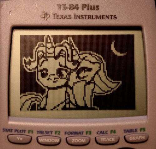 Size: 500x478 | Tagged: safe, artist:herrlupfa, derpibooru import, fancypants, fleur-de-lis, pony, unicorn, sweet and elite, calculator, clothes, fancyfleur, female, graphing calculator, image, irl, jpeg, male, mare, moon, night, photo, pixel art, reddit, shipping, stallion, straight, texas instruments