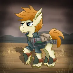Size: 1000x1000 | Tagged: safe, artist:pizzamovies, derpibooru import, oc, oc:pizzamovies, unofficial characters only, earth pony, pony, fallout equestria, armor, bag, chest fluff, clothes, ear fluff, image, laser rifle, male, png, saddle bag, solo, stallion, unshorn fetlocks, wasteland