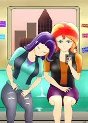 Size: 2368x3300 | Tagged: safe, artist:film77asq, derpibooru import, starlight glimmer, sunset shimmer, equestria girls, city, clothes, duo, female, human coloration, image, mobile phone, phone, png, sleeping, smartphone, train