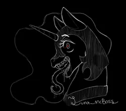 Size: 722x636 | Tagged: safe, artist:luna_mcboss, derpibooru import, nightmare moon, alicorn, pony, armor, bust, creepy, creepy smile, drool, drool string, fangs, flowy mane, halloween, helmet, holiday, horn, image, long eyelashes, long tongue, looking at you, nightmare night, png, red eyes, salivating, sharp teeth, side view, smiling, snarling, spooky, teeth, tongue out