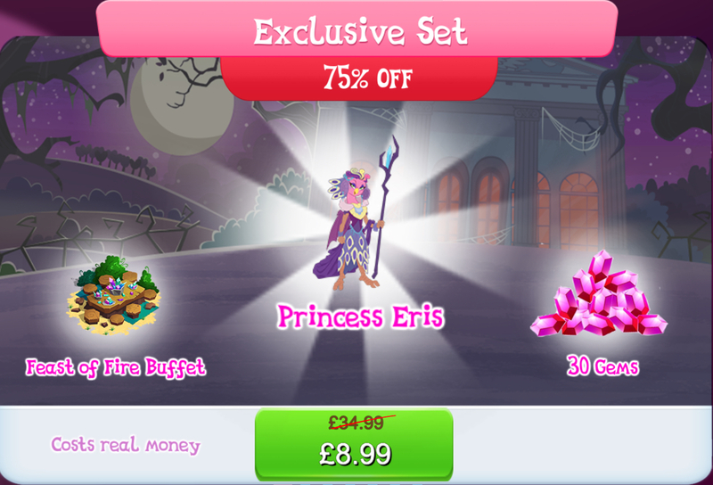 Size: 1271x864 | Tagged: safe, derpibooru import, idw, official, princess eris, bracelet, bundle, bush, costs real money, english, female, gameloft, gem, idw showified, image, jewelry, jpeg, numbers, plate, sale, sarimanok, solo, solo focus, staff, staff of sacanas, text, wings