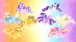 Size: 4000x2250 | Tagged: safe, artist:orin331, derpibooru import, applejack, fluttershy, pinkie pie, rainbow dash, rarity, starlight glimmer, sunset shimmer, twilight sparkle, alicorn, earth pony, pegasus, pony, unicorn, alicornified, floating, gradient background, image, looking at each other, looking at someone, looking at you, magic, mane eight, mane six, png, race swap, rainbow power, rainbow power-ified, redesign