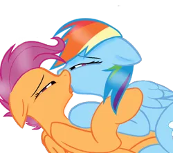 Size: 900x800 | Tagged: safe, artist:taeko, derpibooru import, rainbow dash, scootaloo, pegasus, base used, duo, eyelashes, female, floppy ears, folded wings, french kiss, image, kissing, lesbian, lidded eyes, looking at each other, looking at someone, lying down, lying on top of someone, older, older scootaloo, png, raised hoof, scootadash, shiny mane, shipping, simple background, transparent background, wings