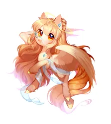 Size: 2373x2663 | Tagged: safe, artist:dreamsugar, derpibooru import, oc, unofficial characters only, pegasus, pony, beige coat, blonde mane, blonde tail, chest fluff, colored hooves, colored wings, commission result, female, flying, full body, halo, image, jewelry, jpeg, looking at you, mare, monocle, open mouth, open smile, pegasus oc, simple background, smiling, smiling at you, solo, spread wings, starry eyes, tail, two toned wings, unshorn fetlocks, white background, wingding eyes, wings, yellow eyes