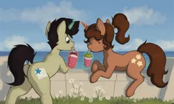 Size: 2828x1701 | Tagged: safe, artist:marsminer, derpibooru import, oc, oc:daisy, oc:keith, unofficial characters only, drink, image, ocean, png, slushie, water
