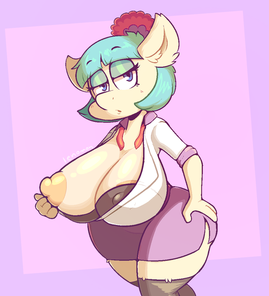 Size: 1000x1100 | Tagged: questionable, artist:len0mon, derpibooru import, coco pommel, anthro, earth pony, big breasts, big nipples, blouse, bra, breasts, busty coco pommel, butt, butt touch, clothes, ear fluff, exposed breasts, eyeshadow, female, flashing, flashing boobs, hand on butt, hips, huge breasts, image, large butt, lidded eyes, looking at you, makeup, nipples, nudity, open clothes, open shirt, png, short skirt, shortstack, skirt, socks, solo, stockings, thigh highs, thighs, thunder thighs, underwear, wide hips