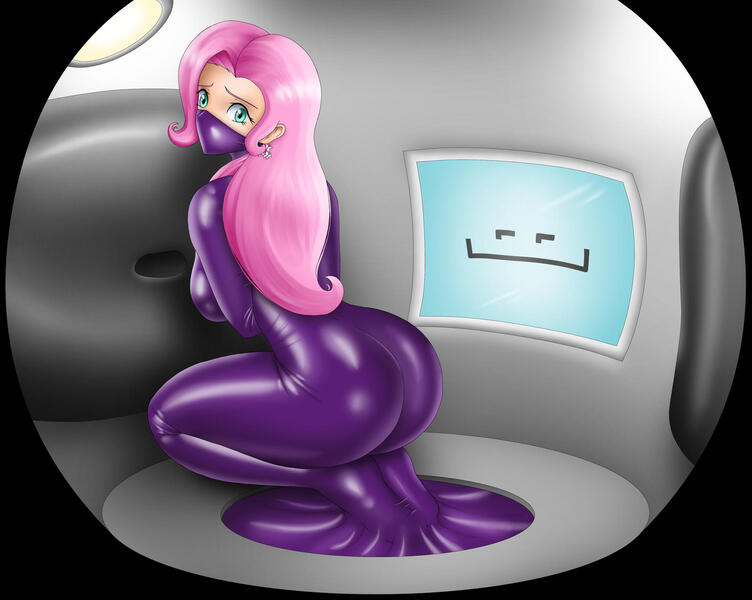 Size: 1600x1277 | Tagged: questionable, artist:2goodsharks, derpibooru import, fluttershy, oc, oc:sn4tch-3r, human, robot, series:fluttersn4tch, :], ass, bondage, bound, bound and gagged, bound arms, bound legs, breasts, busty fluttershy, butt, cell, cute, cutie mark accessory, cutie mark earrings, damsel in distress, distressed, ear piercing, earring, encased, encasement, female, fetish, flutterprey, form fitting, gag, glossy, helpless, hips, image, internal, jewelry, jpeg, kidnapped, kneeling, latex, latex fetish, legs together, long hair, looking at you, looking back, looking back at you, machine, over the nose gag, piercing, restrained, sexy, shiny, sideboob, solo, solo female, thicc thighs, thighs, tight fit, trapped, wide eyes, wide hips