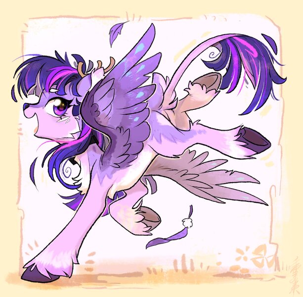 Size: 2270x2223 | Tagged: safe, artist:千雲九枭, derpibooru import, twilight sparkle, deer, original species, peryton, action pose, alternate design, antlers, barely pony related, cheek fluff, chest fluff, colored ear fluff, colored eyebrows, colored hooves, deer tail, deerified, ear fluff, emanata, feather, female, frame, full body, happy, image, jpeg, landing, leonine tail, looking at you, looking back, looking back at you, open mouth, open smile, pale belly, quadrupedal, smiling, solo, species swap, spread wings, tail, twitterina design, unshorn fetlocks, wings