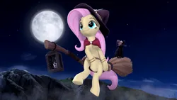 Size: 3840x2160 | Tagged: safe, artist:owlpirate, derpibooru import, fluttershy, cat, pegasus, pony, 3d, 4k, black cat, bracelet, broom, clothes, costume, female, flying, flying broomstick, full moon, halloween, halloween costume, hat, high res, holiday, image, jewelry, lantern, mare, moon, png, riding, smiling, solo, source filmmaker, witch costume, witch hat
