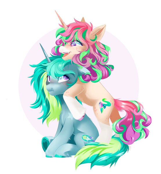 Size: 1896x2048 | Tagged: safe, artist:irusumau, derpibooru import, oc, oc:sour comet, unofficial characters only, pony, unicorn, blushing, body freckles, chest fluff, closed mouth, coat markings, colored eyebrows, colored hooves, duo, ear fluff, facial markings, female, freckles, heart, heart hoof, horn, hug, image, jpeg, looking at someone, mare, open mouth, simple background, snip (coat marking), socks (coat marking), star mark, tail, two toned mane, two toned tail, unicorn oc, unshorn fetlocks, white background