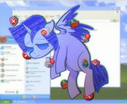 Size: 3000x2466 | Tagged: safe, artist:woollily, derpibooru import, oc, ponified, unofficial characters only, alicorn, pony, alicorn oc, blue coat, blue eyes, blue mane, blue tail, bluescreen, colored wings, error, error message, female, firewall, flying, full body, horn, image, jpeg, mare, microsoft, no pupils, solo, tail, tired, two toned wings, windows, windows xp, wings