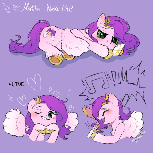 Size: 2000x2000 | Tagged: safe, artist:matcha_neko_413, derpibooru import, pipp petals, pegasus, pony, colored hooves, female, full body, g5, gold hooves, grumpy, half body, happy, heart, heart hoof, hooves, image, jpeg, lying down, mare, microphone, mobile phone, phone, scrunchy face, side, singing, smartphone, solo, spread wings, streaming, violet background, wings