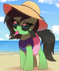 Size: 1200x1440 | Tagged: safe, artist:thebatfang, derpibooru import, oc, oc:anonfilly, earth pony, pony, beach, beach hat, clothes, female, filly, food, frown, image, inner tube, looking at you, png, popsicle, solo, sunglasses, swimsuit