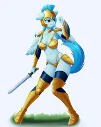 Size: 2400x3000 | Tagged: suggestive, artist:junglemango, derpibooru import, guardian angel (character), anthro, pegasus, armor, breasts, female, guardsmare, image, png, royal guard, shield, sword, unconvincing armor, weapon