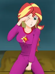 Size: 2200x2955 | Tagged: safe, artist:film77asq, derpibooru import, sunset shimmer, equestria girls, clothes, female, human coloration, image, pajamas, png, solo