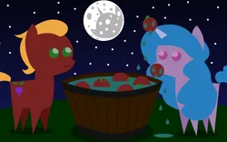 Size: 2064x1290 | Tagged: safe, artist:pwnypony db, derpibooru import, izzy moonbow, sprout cloverleaf, earth pony, pony, unicorn, mlp fim's twelfth anniversary, apple, apple bobbing, barrel, bucket, cutie mark, food, frown, g5, gradient background, green eyes, horn, image, leaf, mare in the moon, moon, night, nightmare night, png, pointy ponies, puddle, purple eyes, red body, stars, turnip, water, water droplet