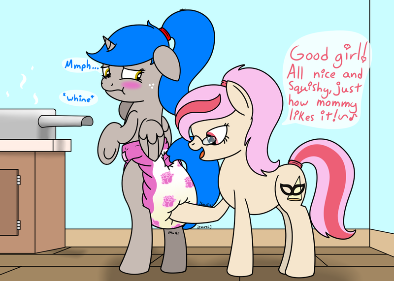Size: 1400x1000 | Tagged: questionable, artist:spritepony, derpibooru import, oc, oc:sprite, oc:understudy, unofficial characters only, alicorn, earth pony, pony, abdl, alicorn oc, bipedal, blushing, cooking pot, diaper, diaper fetish, diaper squish, earth pony oc, female, females only, fetish, floppy ears, food, glasses, horn, image, kitchen, lesbian, looking back, oatmeal, oatmeal in diaper, oats, oc x oc, png, poofy diaper, redraw, scrunchy face, shipping, speech bubble, sprite's ponyville house, talking, wings