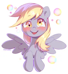 Size: 1501x1636 | Tagged: safe, artist:cherrnichka, derpibooru import, derpy hooves, pegasus, blushing, bubble, cute, derpabetes, image, looking at you, png, smiling, solo