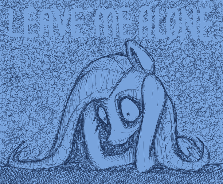 Size: 5400x4461 | Tagged: safe, artist:docwario, derpibooru import, fluttershy, pegasus, pony, anxiety, bags under eyes, bluescale, creepy, female, fluttober, holding head, image, mare, monochrome, png, solo, text