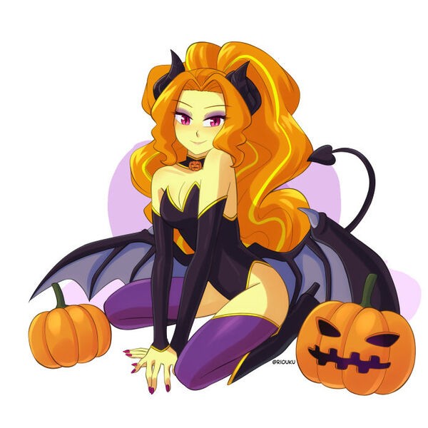 Size: 700x700 | Tagged: safe, artist:riouku, derpibooru import, adagio dazzle, demon, succubus, equestria girls, bedroom eyes, blushing, boots, choker, clothes, corset, eyeshadow, female, halloween, high heel boots, holiday, image, jack-o-lantern, jpeg, makeup, nail polish, pumpkin, shoes, simple background, solo, white background