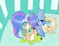 Size: 3000x2350 | Tagged: safe, artist:starlightlore, derpibooru import, oc, oc:astral flare, oc:sun light, unofficial characters only, frog, pony, babies, baby, baby pony, cuddling in bed, diaper, foal, image, pacifier, playpen, plushie, png