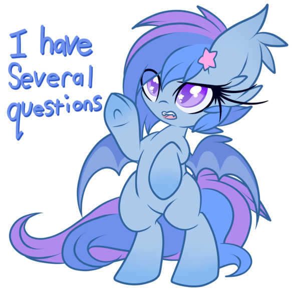 Size: 2400x2379 | Tagged: safe, artist:starlightlore, derpibooru import, oc, oc:astral flare, unofficial characters only, bat pony, pony, bat pony oc, bat wings, bipedal, cute, i have several questions, image, jontron, ocbetes, png, question, question mark, simple background, solo, speech, starry eyes, talking, transparent background, underhoof, wingding eyes, wings