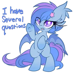 Size: 2400x2379 | Tagged: safe, artist:starlightlore, derpibooru import, oc, oc:astral flare, unofficial characters only, bat pony, pony, bat pony oc, bat wings, bipedal, cute, i have several questions, image, jontron, ocbetes, png, question, question mark, simple background, solo, speech, starry eyes, talking, transparent background, underhoof, wingding eyes, wings