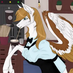 Size: 1024x1024 | Tagged: safe, artist:clouris, derpibooru import, oc, unofficial characters only, pegasus, pony, apron, barista, bowtie, clothes, drinking, ear fluff, image, jpeg, pegasus oc, solo, wings