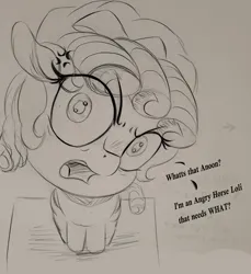 Size: 1500x1635 | Tagged: safe, artist:to_fat_to_fly, cozy glow, pegasus, pony, angry, dialogue, doodle, eye clipping through hair, female, filly, image, looking at you, looking up, looking up at you, monochrome, open mouth, png, sitting