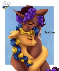 Size: 1920x2322 | Tagged: safe, artist:hajster, derpibooru import, oc, oc:ukraine, ponified, unofficial characters only, pegasus, pony, unicorn, braided ponytail, coat markings, eyes closed, female, floppy ears, hug, image, mare, nation ponies, png, thank you, ukraine