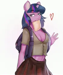 Size: 3284x3916 | Tagged: safe, artist:melkaya, derpibooru import, twilight sparkle, anthro, pony, unicorn, bread, breasts, cleavage, clothes, female, food, image, jpeg, looking at you, mare, midriff, mouth hold, simple background, solo, toast, white background
