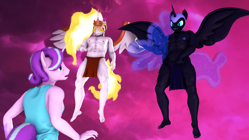 Size: 3840x2160 | Tagged: questionable, artist:unie, derpibooru import, daybreaker, nightmare moon, starlight glimmer, alicorn, anthro, plantigrade anthro, unicorn, clothes, darkhorse knight, dream, ethereal mane, ethereal tail, feet, gay, image, loincloth, looking at someone, male, nebula, png, rule 63, stars, stellar gleam, surprised, tail, two toned mane, two toned tail, universe, wings