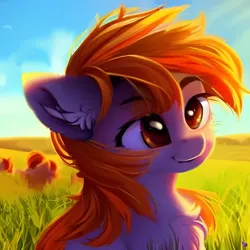 Size: 1024x1024 | Tagged: safe, derpibooru import, machine learning generated, purplesmart.ai, stable diffusion, oc, unnamed oc, earth pony, fluffy pony, pony, chest fluff, cute, ear fluff, female, grass, grass field, happy, image, mare, messy mane, png, raised eyebrows, smiling, sunlight