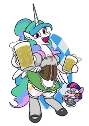 Size: 650x925 | Tagged: safe, artist:jargon scott, derpibooru import, princess celestia, twilight sparkle, alicorn, pony, unicorn, alcohol, beer, beer stein, clothes, deep rock galactic, dirndl, dress, drink, drinking, female, filly, filly twilight sparkle, foal, food, hoof hold, image, kneesocks, looking at you, mare, meat, oktoberfest, open mouth, open smile, png, sausage, shoes, simple background, smiling, smiling at you, socks, squatpony, twiggie, unicorn twilight, wench, white background, younger