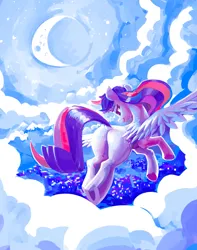Size: 1903x2416 | Tagged: safe, artist:dimfann, derpibooru import, twilight sparkle, twilight sparkle (alicorn), alicorn, pony, ass, butt, city, cloud, female, flying, image, jpeg, looking down, mare, sky, solo