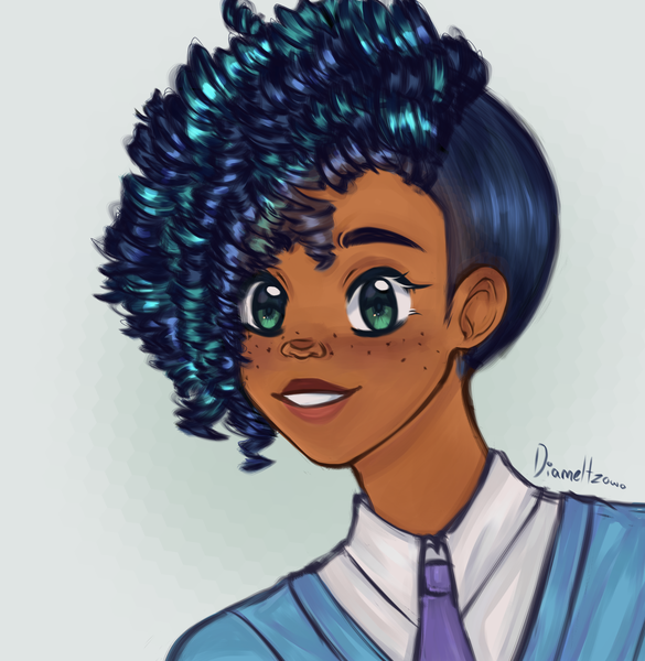 Size: 3527x3619 | Tagged: safe, artist:diameltzowo, derpibooru import, human, g5, my little pony: a new generation, bust, clothes, curly hair, cute, dark skin, detailed hair, female, freckles, humanized, image, kinky hair, misty brightdawn, necktie, png, portrait, solo, solo female