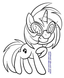 Size: 600x732 | Tagged: safe, artist:marybellamy, derpibooru import, vinyl scratch, chibi, image, jpeg, monochrome, patreon, patreon reward, pose, simple background, smiling, traditional art, white background