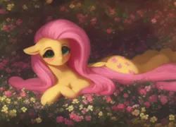 Size: 2048x1472 | Tagged: safe, derpibooru import, machine learning generated, purplesmart.ai, stable diffusion, fluttershy, pegasus, pony, blushing, flower, image, looking at you, lying down, png, prone