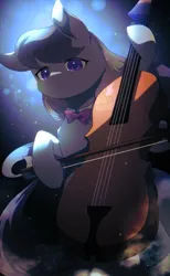 Size: 632x1024 | Tagged: safe, artist:merriie, derpibooru import, octavia melody, earth pony, bow, bow (instrument), bowtie, cello, cello bow, detailed background, image, musical instrument, png, solo