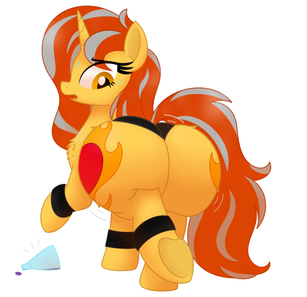 Size: 5002x4840 | Tagged: suggestive, artist:chespi, derpibooru import, oc, oc:cinderheart, unofficial characters only, pony, unicorn, butt expansion, chest fluff, clothes, commission, female, golden eyes, growth, horn, image, large butt, mare, panties, png, potion, sequence, simple background, solo, solo female, squishy, sweat, transparent background, underwear, unicorn oc, ych result